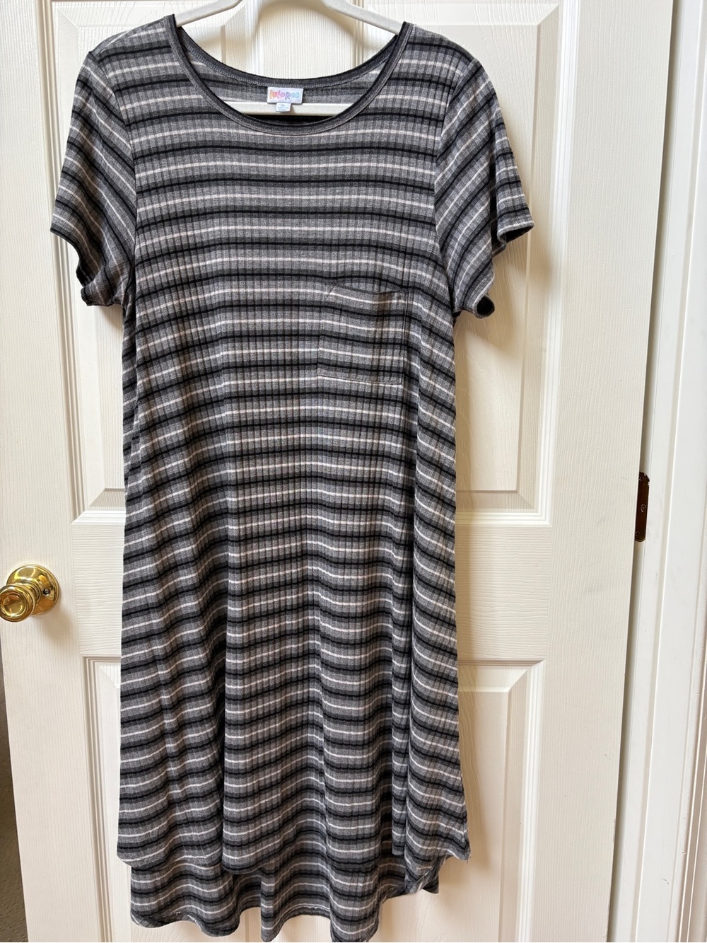 LuLaRoe Neutral Striped Knit High low dress in Gray and Cream